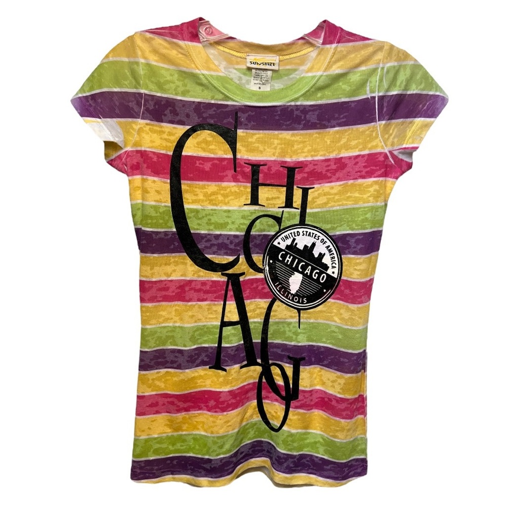 SUNSHIRT T-Shirt Girls Size Small Chicago Multi Striped Cap Sleeve‎ Funky Boho